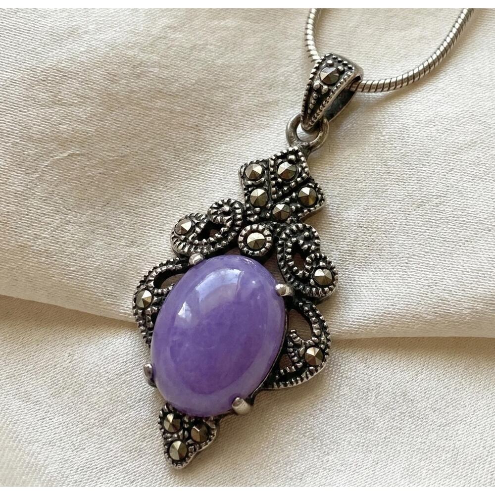 Vintage Sterling Silver Lavender Jade Marcasite Art Deco Pendant Necklace